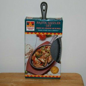 Mexican Fiesta Fajita Sizzler Black Oval Cast Iron and Wood Trivet Set